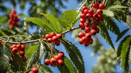 A branch of mountain ash with ripe berries, showcasing vibrant autumn colors, natural beauty, lush foliage, and the seasonal charm of wild forest landscapes