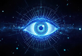 Futuristic digital eye with neon rays and blue technology theme