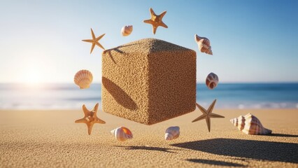 Sand cube with seashells and starfish on beach, summer vibe