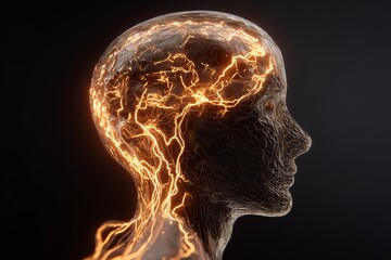 Futuristic human mind concept with neural network and glowing light patterns