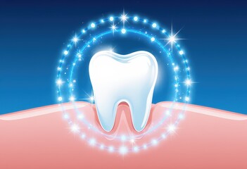 Sparkling tooth enclosed in protective shield surrounded by bright stars