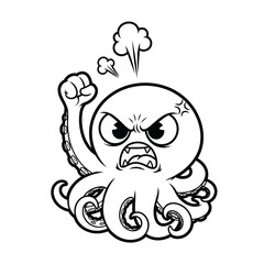 Fototapeta premium Mad Octopus Cartoon: A cartoon octopus radiates anger, its eyes narrowed and its fist clenched, signifying frustration and intensity.