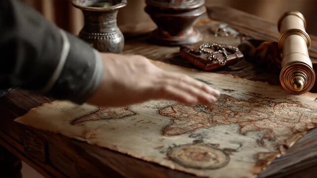Close up of hand pointing at old map with antique objects