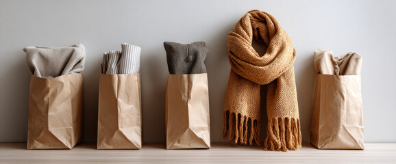 Five paper bags with various folded fabrics and a knitted scarf displayed on a wooden surface against a neutral background