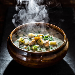 Chowder soup with steam rising from a wooden bowl during a cozy kitchen setting