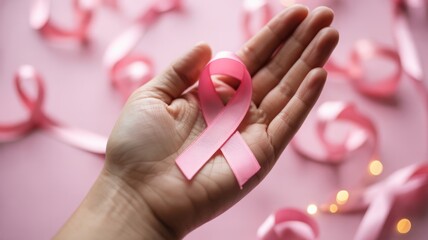 Breast Cancer Awareness Image with Hand Holding Pink Ribbon on Soft Background