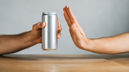 Hand rejecting a silver can held by another hand, symbolizing refusal or abstaining from unhealthy choices, with a wooden table surface and neutral background