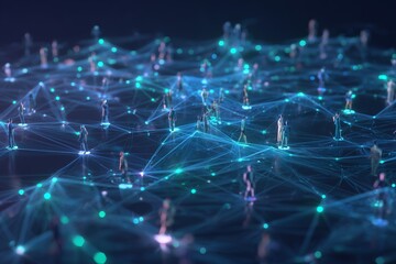 Digital network with diverse human figures connected by neon blue lines