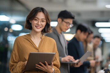 Asian female professional smiling with tablet in modern office, focused team in background