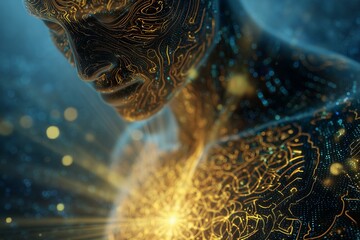 Futuristic cyborg with digital circuitry and illuminated patterns