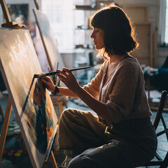 Woman paints on canvas in a bright studio during late afternoon light