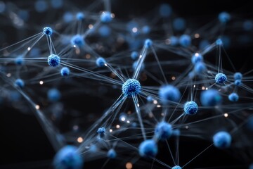 Abstract network of blue molecular structures with interconnected nodes