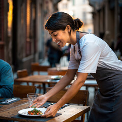 Waitress serves food to customers at outdoor restaurant during evening hours in busy city street