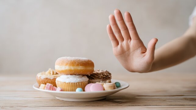 Hand gesture signaling refusal is shown above a plate of assorted desserts including donuts, cupcakes, and candies, emphasizing a moment of self-control and healthy choices