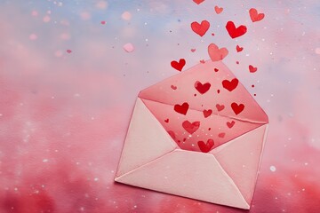 Pink envelope with red hearts floating on soft gradient background