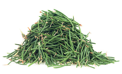 Pile of dried needles of fir tree isolated on a white background. Fallen dry needles from natural Christmas tree. Cleaning after Christmas.