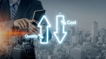 Business concept showing cost reduction and quality increase using Lean, Six Sigma, and Total...