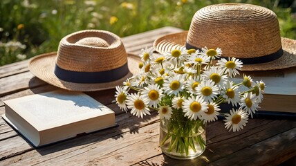 Chamomile flowers bouquet in vase with book and straw hat on wooden table in sunny garden, rustic summer composition, peaceful relaxation, fresh floral vacation vibes