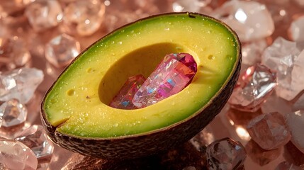 Surreal Avocado Halved with Ice Cube Core, Creative Concept Food Photography
