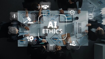A high-angle view of a professional meeting discussing AI ethics, showcasing teamwork, technology,...