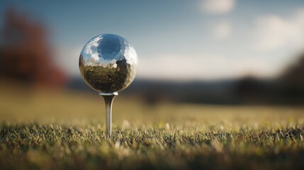 Close-up of golf ball on tee in scenic sunlit landscape