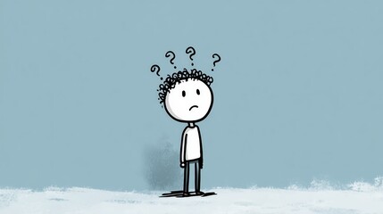 Personnage confus avec points d'interrogation exprimant doute et réflexion