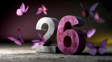 Num&eacute;ro 26 d&eacute;coratif entour&eacute; de papillons roses et violets voltigeant