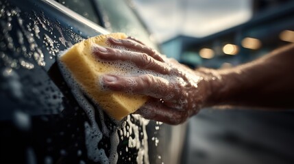 Lavage automobile &agrave; la main avec &eacute;ponge jaune sur carrosserie mouill&eacute;e