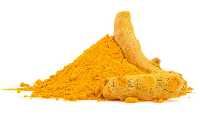 Curcuma longa - dried turmeric roots and curcuma powder isolated on a white background.