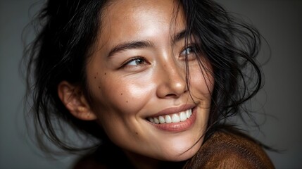 Jeune femme souriante aux cheveux noirs ondul&eacute;s portant un pull marron