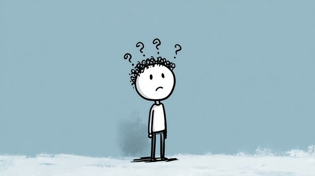Personnage confus avec points d'interrogation exprimant doute et r&eacute;flexion