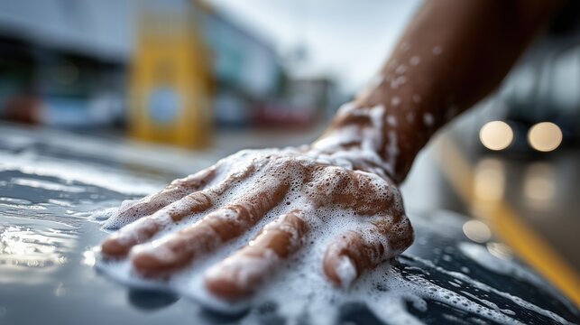 Mains savonneuses nettoyant la carrosserie d'une voiture