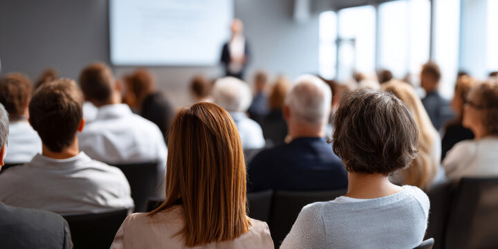 Audience attending a professional seminar or conference with speaker presenting in a modern meeting room