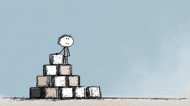 Homme d'affaires souriant debout au sommet d'une pyramide de blocs