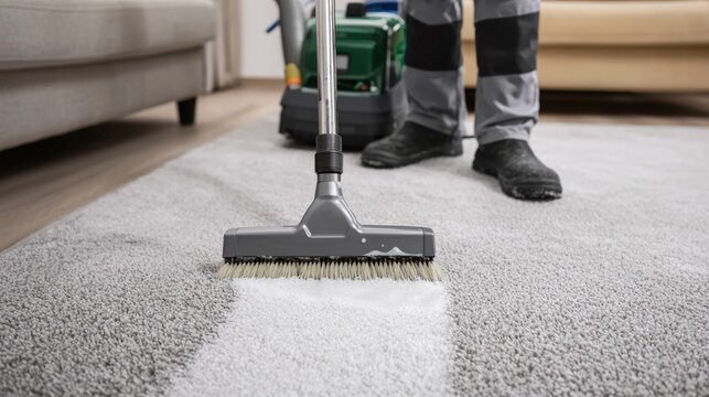 Professional cleaner using a vacuum cleaner on a plush gray carpet in a modern living room, showcasing effective cleaning techniques and home maintenance - Powered by Adobe