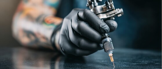 Skilled tattoo artist with intricate designs on arm, holding tattoo machine, showcasing artistry and precision in a vibrant studio environment with creative atmosphere