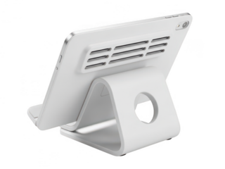 White tablet holder upright on desk with air vent isolated on transparent background