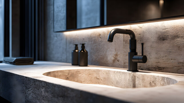 Modern bathroom detail, stone sink countertop, matte black faucet, soft indirect lighting, luxury minimal interior, ultra realistic close-up photography