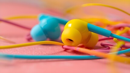 Close-up Colorful Earbuds on Pastel Background, Modern Music and Tech Lifestyle Concept