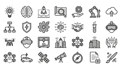 Innovation & Technology Icons Set, Black and White Creativity and Tech Symbols,  innovation icons, technology icons, research and development icons, prototype design icon, startup launch icon,