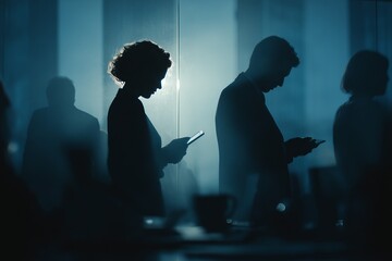 Silhouetted caucasian professionals engaged with smartphones in office setting