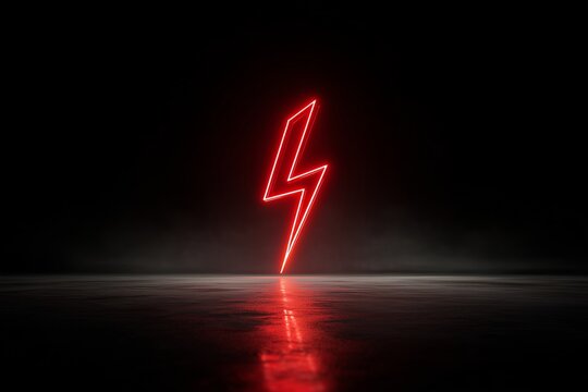 Glowing red neon lightning bolt on dark reflective surface - Powered by Adobe