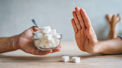 Hand rejecting bowl of sugar cubes, symbolizing healthy lifestyle choices, with blurred background of hands and kitchen utensils, emphasizing the importance of dietary decisions
