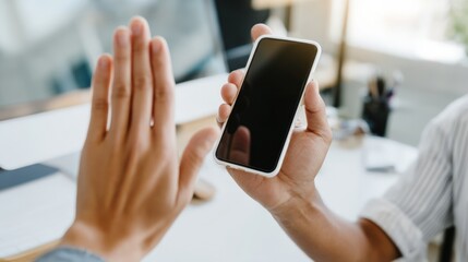 Person holding smartphone with blank screen, gesturing with hand in front, creating a sense of communication barrier, in a modern workspace with computer and office supplies