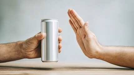 Two hands interacting at a table, one hand offering a silver can while the other hand gestures a refusal, symbolizing choices and personal decisions in a minimalist setting