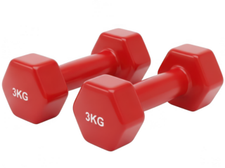Pair of red 3kg dumbbells for fitness training isolated on transparent background