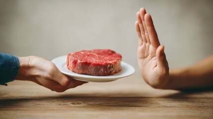Hand presenting a raw steak on a plate, while another hand gestures refusal, illustrating dietary choices and lifestyle preferences in a rustic kitchen setting