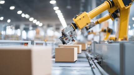 Industrial robot arm handling cardboard parcels on a production line in a modern warehouse, showcasing automation and efficiency in logistics operations
