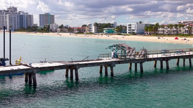 Lauderdale By The Sea broken closed fising pier. Aerial 4k drone footage 2026