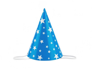 A festive blue party hat with white star patterns against a white background isolated on transparent background